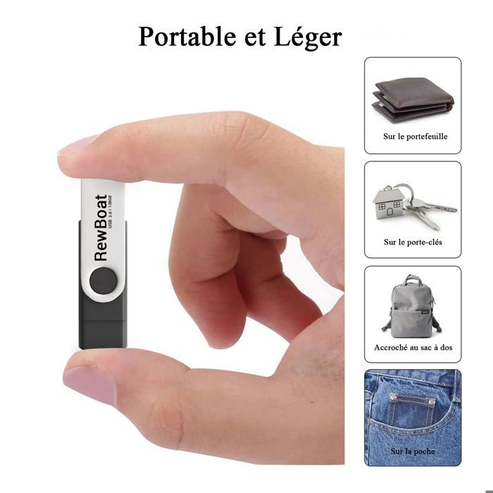 Clé USB 128 Go REWBOAT V3.0 - 2 en 1 + Type C - 130Mo/s Vitesse de Lecture Noir Lot de 2