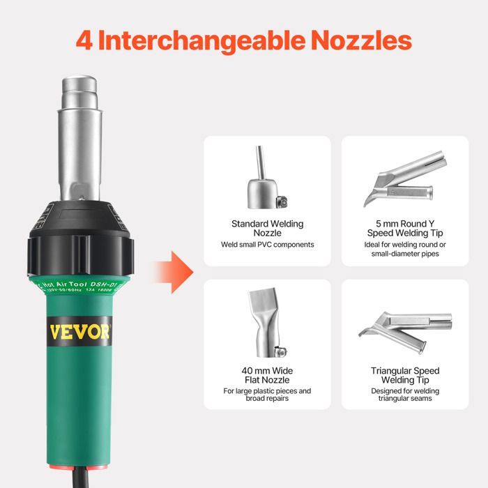 Soudeur Plastique Air Chaud-VEVOR-1600 W-Pistolet Thermique PVC 50°C-600°C, Kit Soudage de Toiture en Plastique