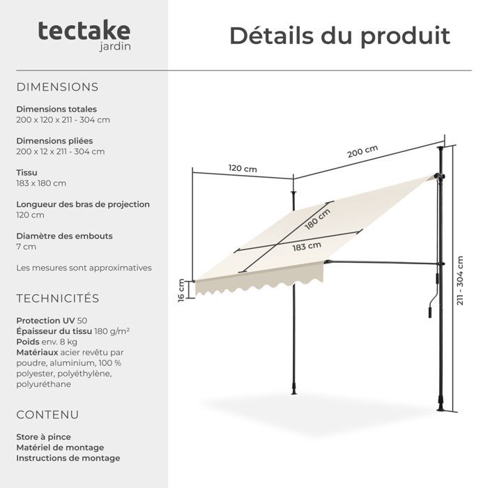 Store banne de jardin - TECTAKE - Store à pince sans perçage avec manivelle réglable en hauteur - Beige - 200 x 180 cm