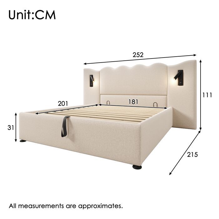 Cama de casal 180x200 cm com luminária de leitura giratória, carregamento USB e Tipo-C, cama com armazenamento hidráulico, roupa de cama bege.
