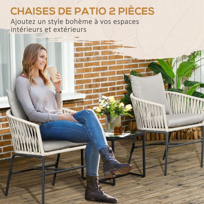 Sillones de exterior - Outsunny - juego de 2 sillas de jardín de dos plazas con cuerda de PE y cojines - metal PE - negro gris