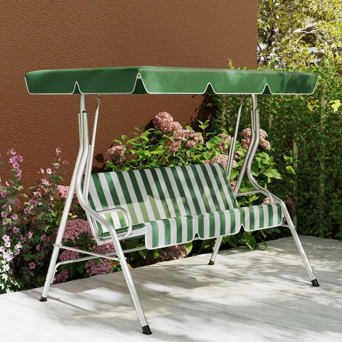 Columpio de jardín Outsunny - 3 plazas - toldo con inclinación ajustable - estampado de rayas - con cojines para asiento y respaldo - verde