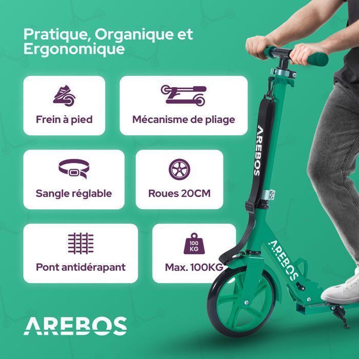 AREBOS Trottinette de ville scooter Vert réglable en hauteur | pliable | ceinture incluse | roues XXL | frein au pas | pour enfants