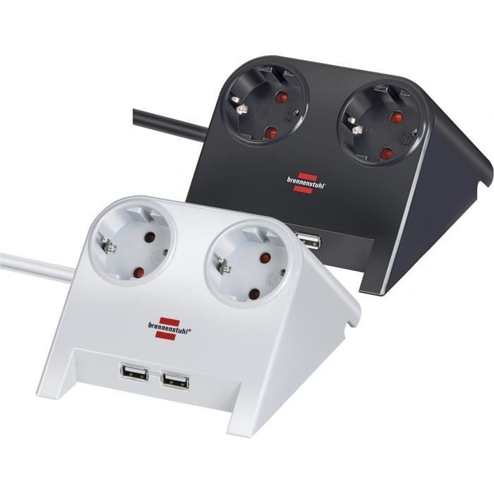 Prise électrique - brennenstuhl - Prise USB de bureau double - 2 prises USB - 1.8 m - Noir poli