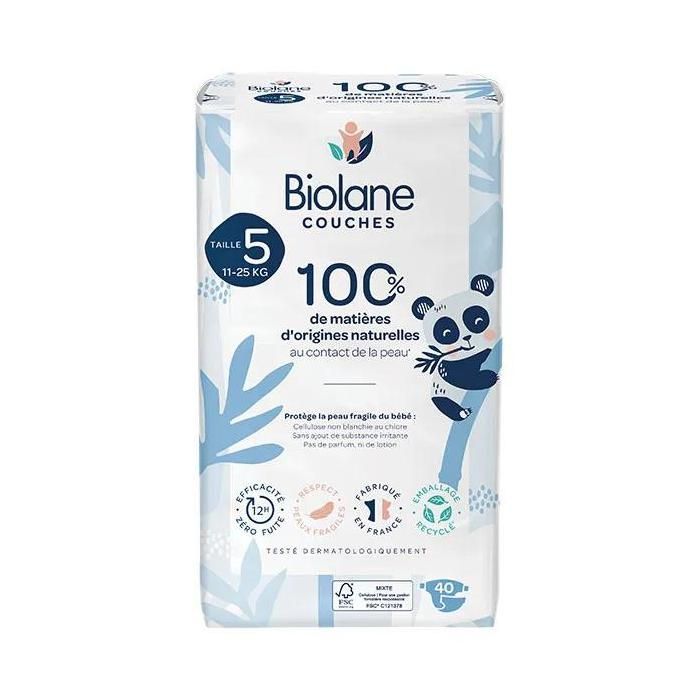 Biolane - Couches Naturelles Taille 5 - 12H -zéro fuite - 40 unités