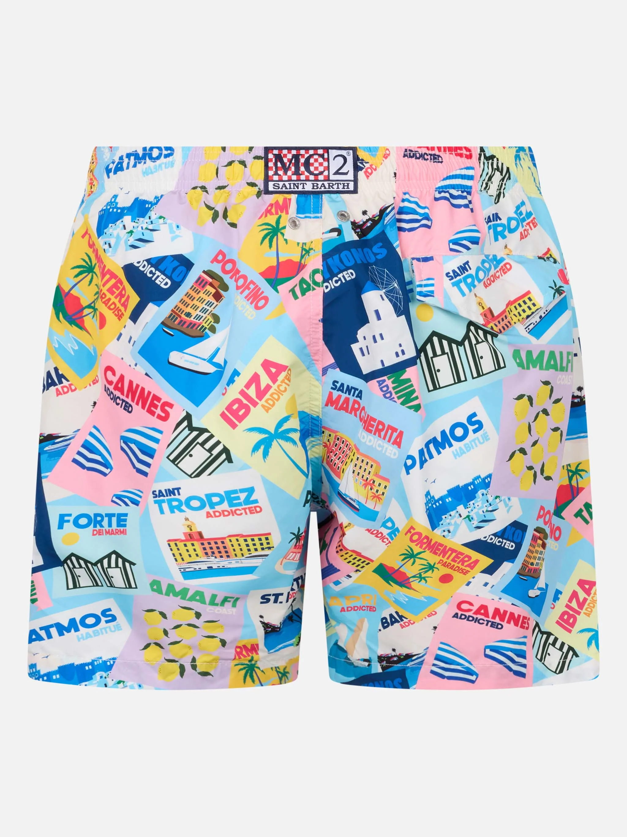 Man Lighting Mid-Length Swim Shorts – Quick-Drying, Postcard All-Over Print, Recycled Polyester, Water Drainage Eyelets | MC2 Saint Barth