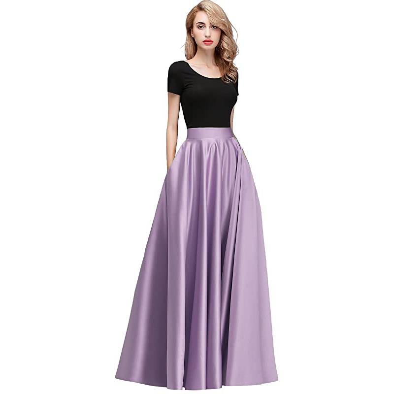 Jupe longue en satin pour femme, taille haute, style habillé, idéale pour les bals de fin d'année. Poches et fermeture éclair au dos.