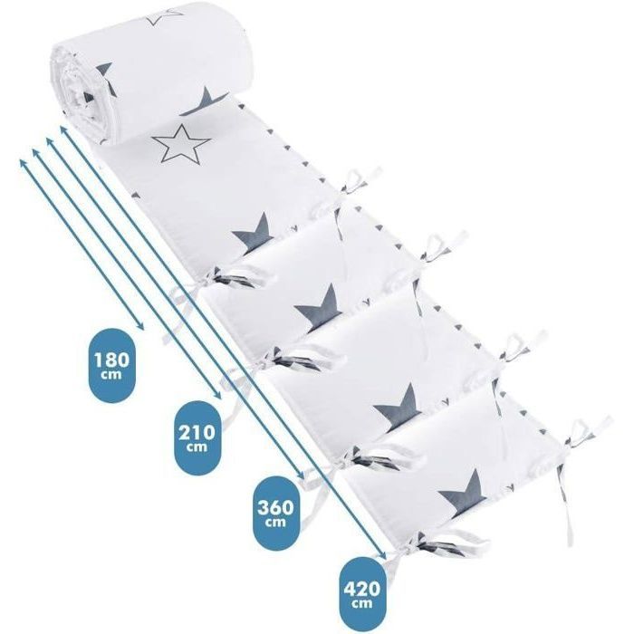 Babybedbeschermer, hoofdbescherming, babybedje, 180x28 cm, wit met veelkleurige strepen