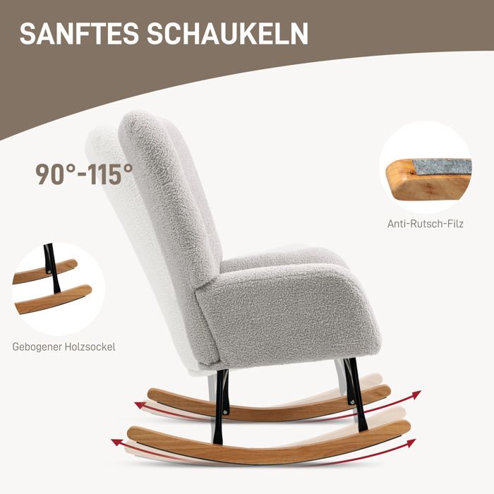 Fauteuil à bascule homcom, fauteuil à bascule avec accoudoirs, Teddy Velvet look, fauteuil relaxant avec glissière en bois,