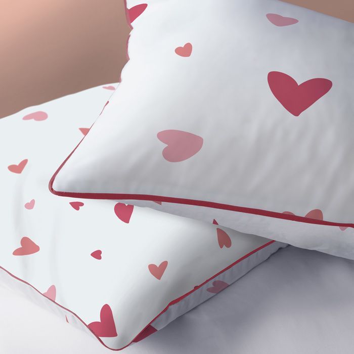 Kinderbettwäsche-Set, 100 % Baumwolle – MATT & ROSE – HERZ – Weiß/Rosa – 140 x 200 + 63 x 63 cm
