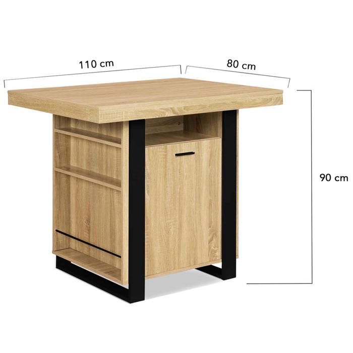 IDMARKET Ilot central PHOENIX 110 cm bois et noir avec rangements