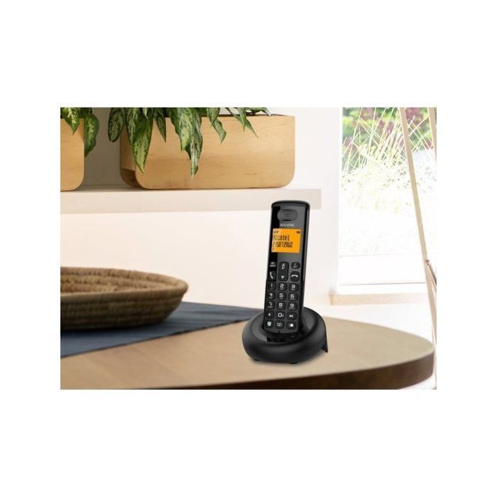 Teléfono inalámbrico DECT Alcatel E160 Duo negro con bloqueo de llamadas no deseadas, pantalla grande retroiluminada naranja, fácil de usar.