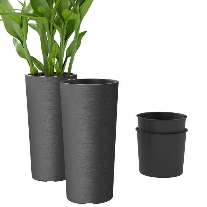 Lot de 2 pots de plantes - Outsunny - empilables - bac intérieur et trous de drainage - plastique - Ø35 x 60cm - gris