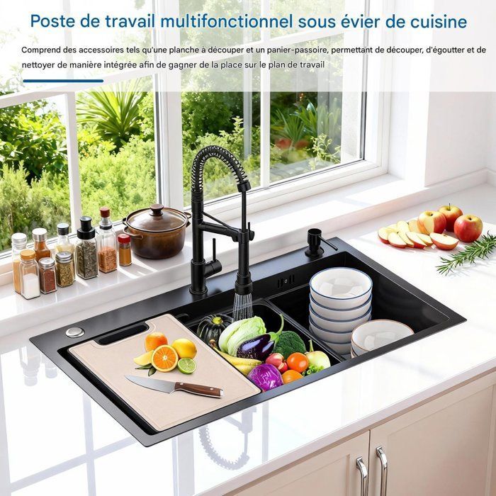 Fregadero de cocina de acero inoxidable - CREMLANK - Silencioso - NEGRO - 75X45X20CM - Acero inoxidable - Múltiples accesorios