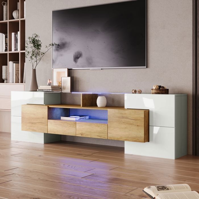Mobile porta TV da 200 cm, bianco lucido con finitura effetto legno, illuminazione a LED multicolore, 6 ante, 2 cassetti, 3 ripiani, superficie effetto vetro, design moderno.