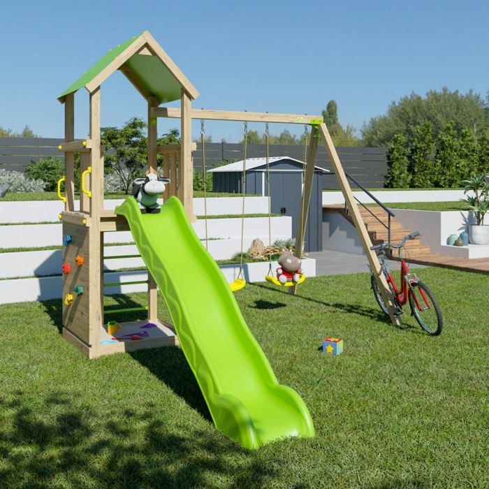 Zona de juegos de madera TRIGANO SMART XPERIENCE: 2 columpios, 1 tobogán, 1 rocódromo - 7 niños