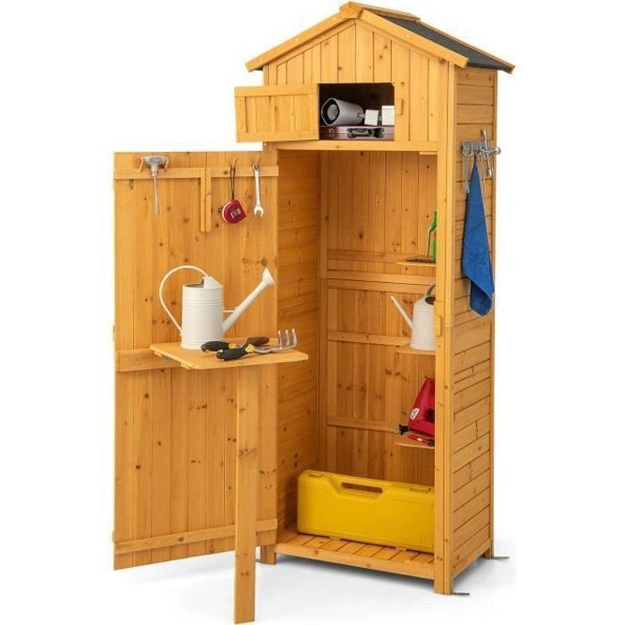 Abri de Jardin en Bois de Sapin 180,5 cm COSTWAY-3 Etagères Amovibles-Table Pliable-Toit en Asphalte Imperméable-8 Crochets-Naturel