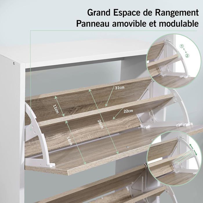 CASABEL Schoenenkast voor 24 paar schoenen - Grote capaciteit voor de hal - B60xD24xH150 cm - Licht houten deuren, wit frame