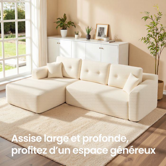 VASAGLE Canapé Fixe d’Angle, Canapé 3 Places Sans Montage, Grande Méridienne Gauche, pour Salon ou Chambre, Blanc