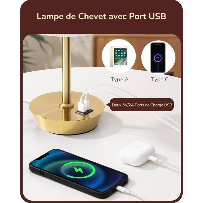 EDISHINE Touch tafellampenset van 2, USB A+C, dimbare lamp inbegrepen, geplooide lampenkap