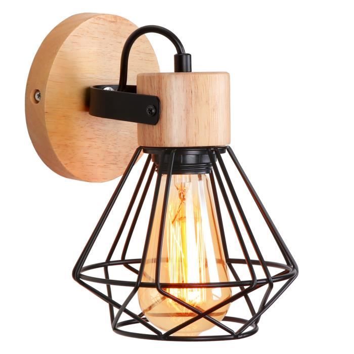 IDEGU Applique Murale Industrielle, 16CM Vintage Lampe Murale Interieur en Bois Fer Rétro Réglable E27 Éclairage Mural Noir pour