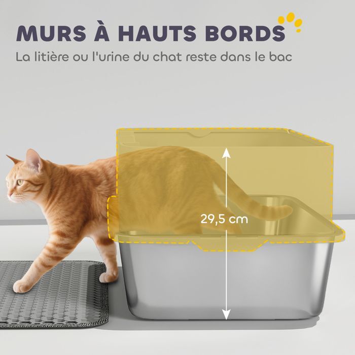 Bac à litière XL en acier inoxydable, maison de toilette pour grand chat, nettoyage facile 60,2 x 40,2 x 29,5 cm, gris