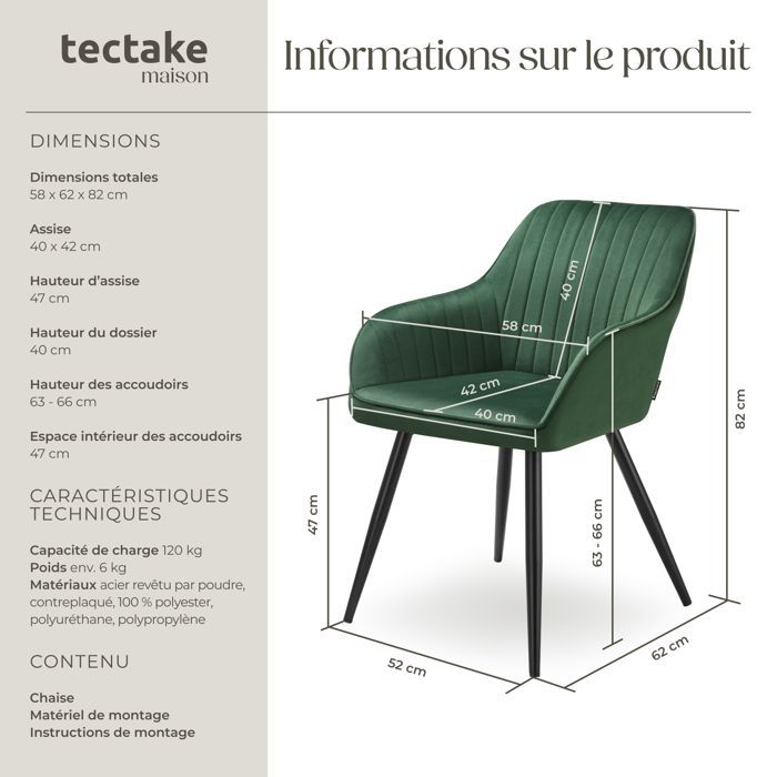Chaise - TECTAKE - Fauteuil de salle à manger MARYLIN aspect velours avec pieds en acier noir - Vert Foncé