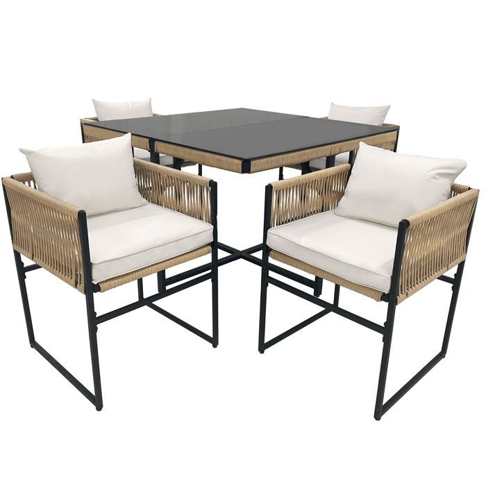 Ensemble table et chaise de jardin - 4 places - 1 table et 6 chaises décorées de corde - Beige