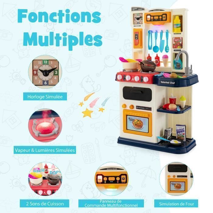 COSTWAY Kinderkeuken met 38 accessoires, speelkeukenset, realistische licht- en geluidseffecten, kerst-/verjaardagscadeau, geschikt voor kinderen vanaf 3 jaar, blauw