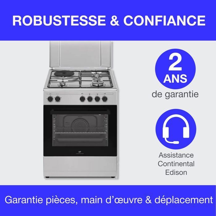 Cuisinière mixte CONTINENTAL EDISON CECM60FCS - 3 feux gaz + 1 électrique - L59,8 x P61 xH83 cm - Silver