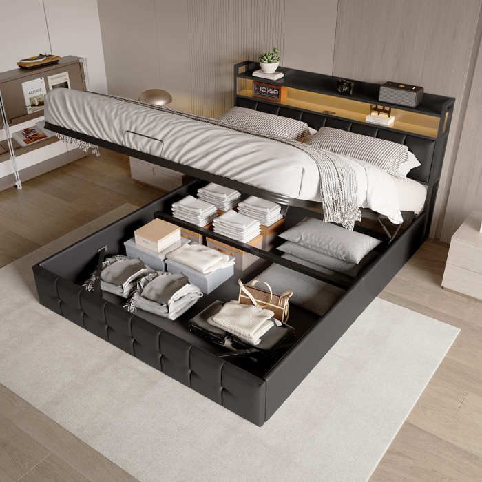 160 x 200 cm storage bed, 160x200 bed with slatted base, adult bed with USB port and LED, bed frame, with headboard, Black, PU