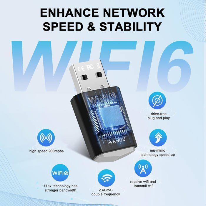 Clé USB WiFi 6 AX900 double bande 2,4/5,8 GHz MU‑MIMO WPA3 pour PC — jusqu'à 900 Mbps