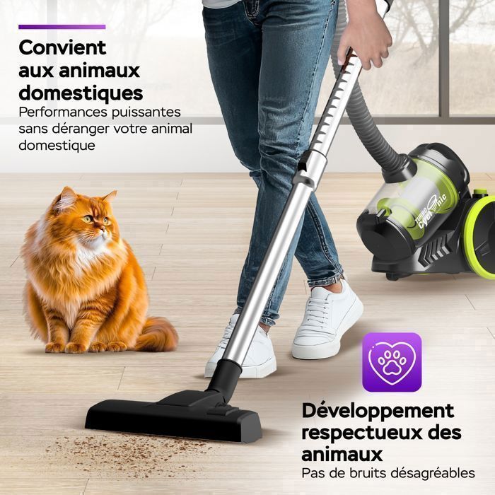 Aspirateur Traîneau Sans Sac Cyclonique TurboTronic CV07 – Puissant et Léger – Pour Tapis et Sols Durs – Noir/Vert
