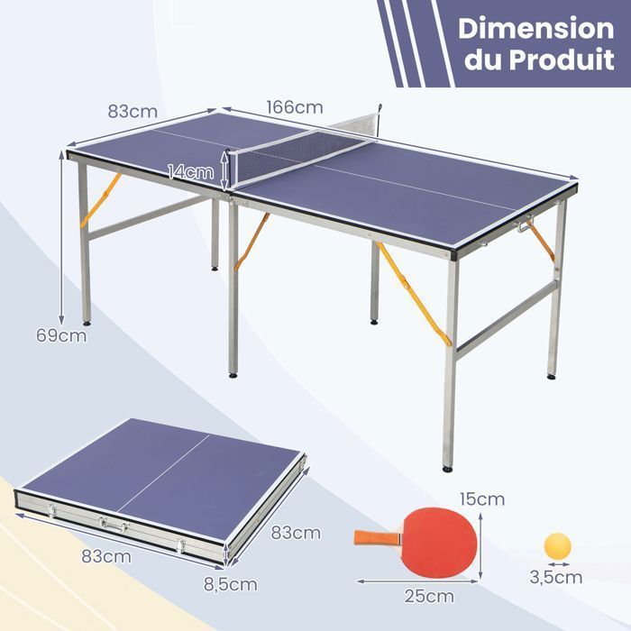 Mesa de ping-pong plegable COSTWAY - 166x83cm - 2 paletas de goma, 3 pelotas - Patas ajustables - Premontada