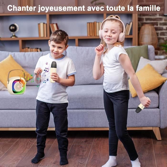Enceinte Portable, Bluetooth 5.3, Fonction karaoké, basses percutantes, LED colorées, avec 2 Micro sans Fil, pour Fête - Beige