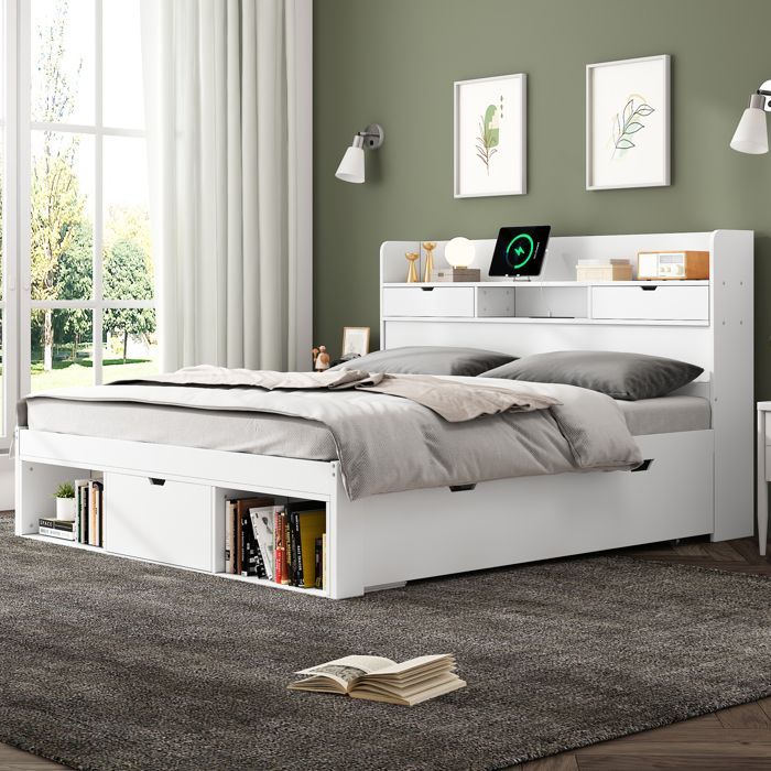 Multifunctioneel grenenhouten bed voor volwassenen (180x200 cm) met USB- en Type-C-poorten, lades en opbergplanken.