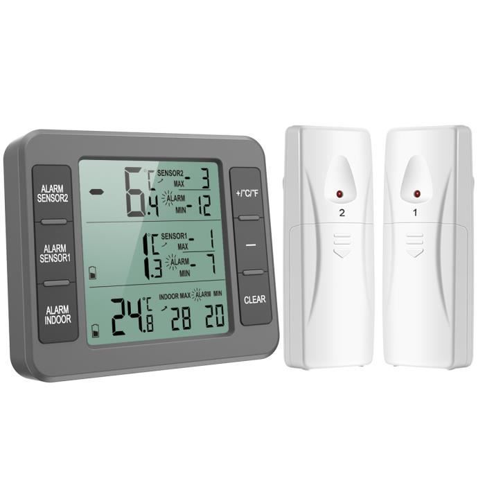 Kühlschrank-Gefrierschrank-Thermometer, kabelloses Kühlschrankthermometer mit 2 Sensoren, akustischem Alarm, Min/Max-Anzeige – Grau