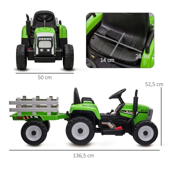 Tracteur électrique - HOMCOM - avec remorque amovible - avec télécommande MP3 musique affichage lumières - enfants 3-6 ans - vert