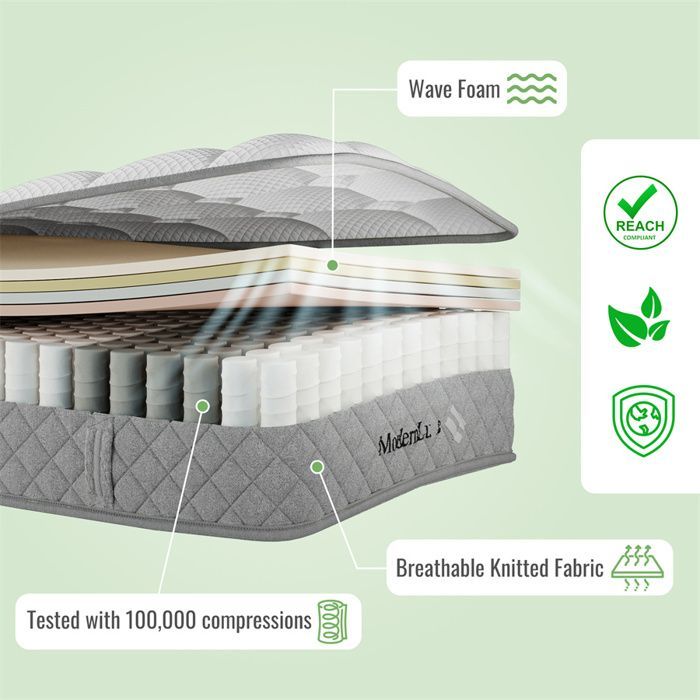 Stevig matras 180x200 cm (H3), schuimmatras, orthopedisch matras, 7-zone pocketveren, 20 cm dik, Oeko-Tex gecertificeerd, 4 handgrepen