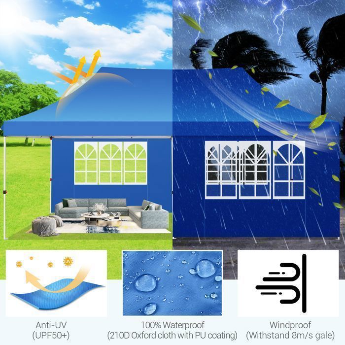 Gazebo pieghevole 3x6, gazebo da giardino impermeabile per esterni, tenda per ricevimenti con 6 pannelli laterali, tenda con protezione UV 50+, azzurro.