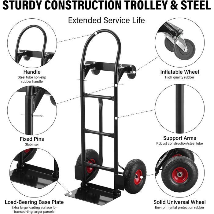 TEENO Chariot Diable Pliable, Roues à Bande de roulement Souple,Hauteur réglable 80-112cm,Capacité de Charge de 150kg