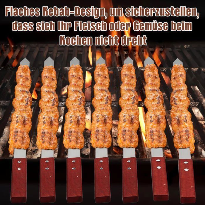 Adana Kebab Lot de 10 brochettes plates en acier inoxydable avec poignées en bois 60 cm s accessoires de barbecue pour BROCHE