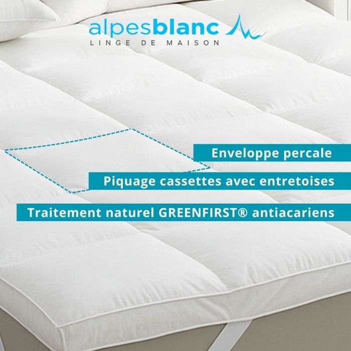 ALPES BLANC - Cubrecolchón de plumas 180x200 cm – Fabricado en Francia – Comodidad de hotel de alta gama – Funda de percal