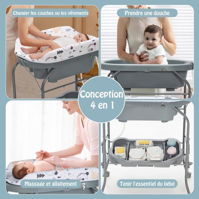 DREAMADE 4 en 1 Table à Langer Bébé avec Baignoire 20L Pliable, 4 Roulettes Verrouillables et Plateau de Rangement, 0-12Mois, Gris