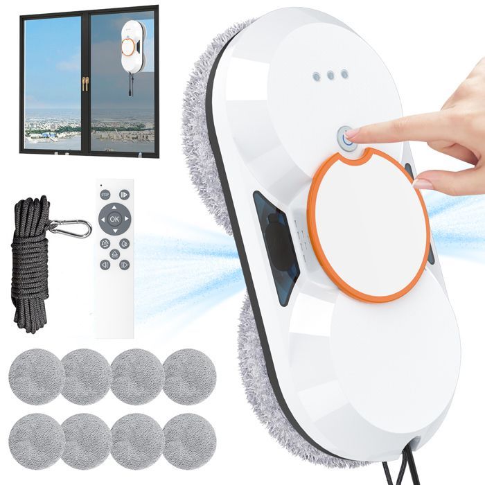 Robot limpiacristales de 3800 Pa, robot de lavado de ventanas con doble rociador de agua automático y sistema de protección múltiple.