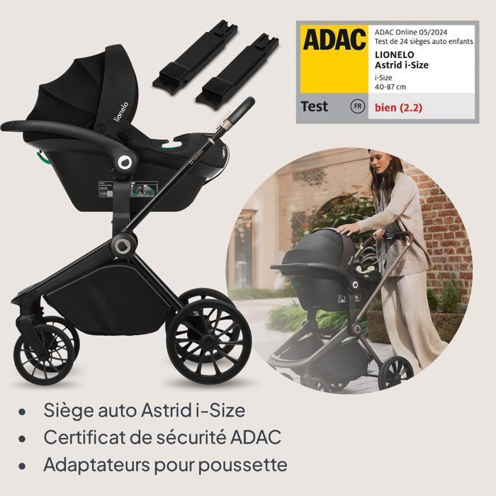 Poussette combinée 3en1 LIONELO Mika Plus - Jusqu'à 22kg - Pack poussette Trio, Nacelle, Siege auto et accessoires - Noir