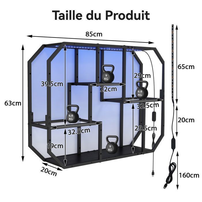 Estantería de pared PULUOMIS con iluminación LED RGB, 5 niveles de almacenamiento, estante flotante para juegos, sala de estar, cocina, 85 cm
