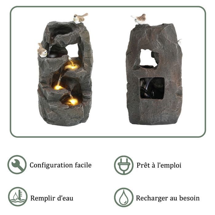 Fuente LED para exteriores - 47 cm - Gris piedra - Iluminación LED amarilla cálida - Sonido de agua suave 55 dB