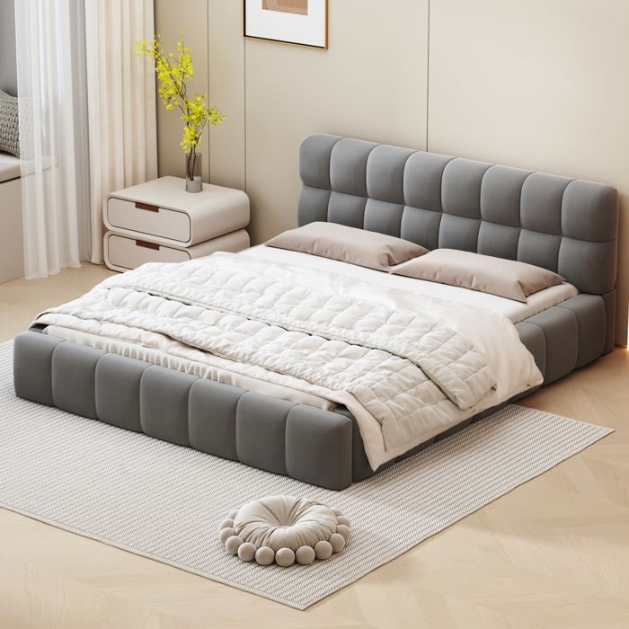 Cama de casal 140x190 cm - Tecido de linho - Estrado incluído - Design contemporâneo - 2 lugares - Cinza