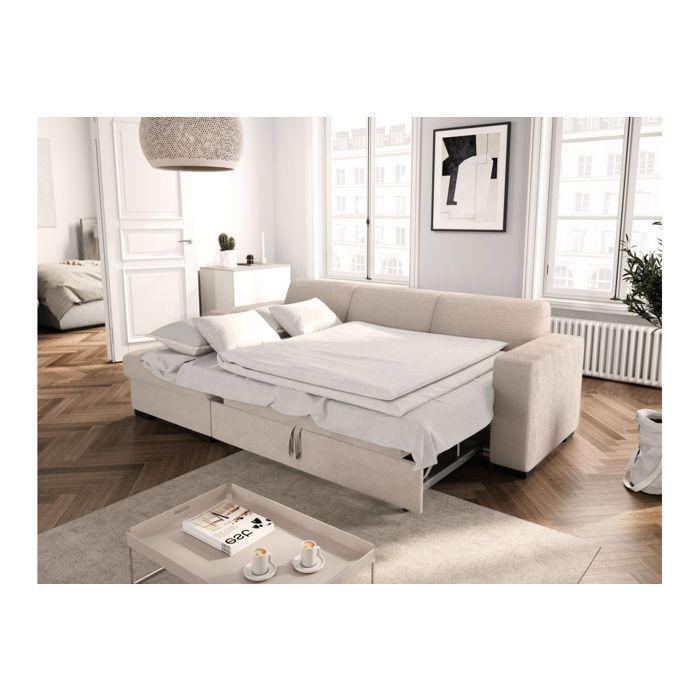 FUJI XL 4-seater left-hand corner sofa bed with storage in corduroy - Beige - W262 x D157 x H83cm - LOUNGITUDE